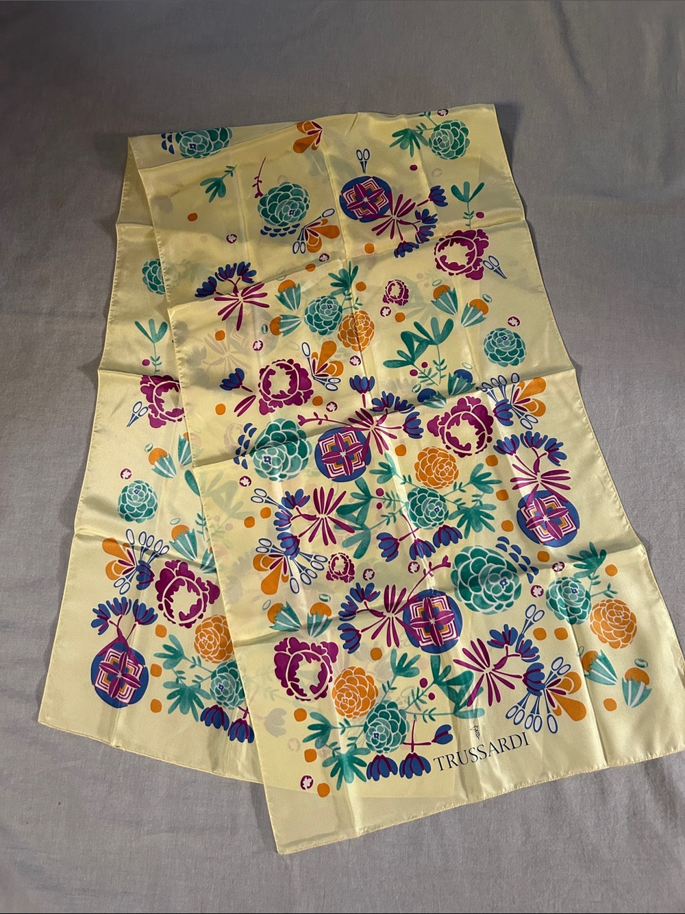 Trussardi 100% Silk Scarf Made in Italy Light Yellow Floral & Geometric Print